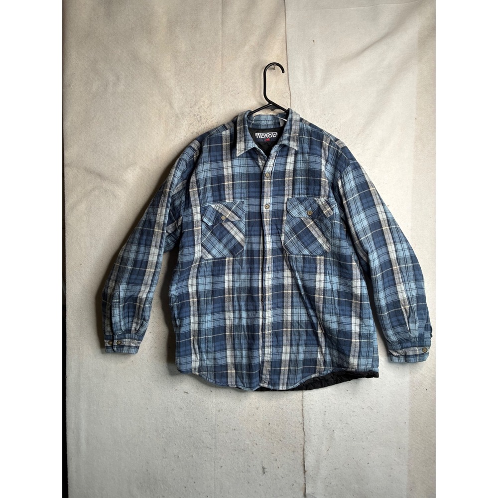 VTG Herod Mens LBBlue Plaid Quilted Flannel Shirt JackeT Cotton Lined Shacket